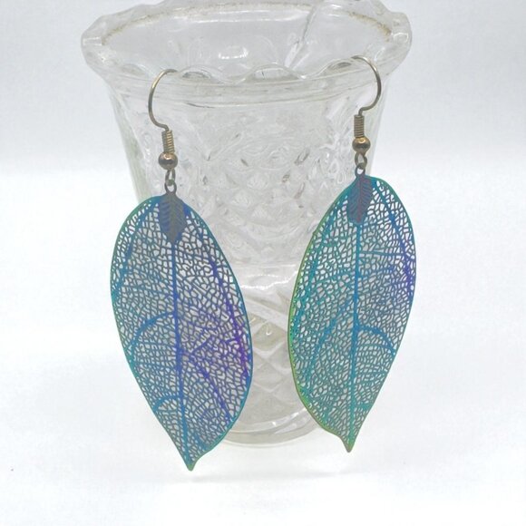 Iridescent Leaf Skeleton Dangle Earrings With Fishhook Closure -Lightweight Boho - Picture 1 of 7